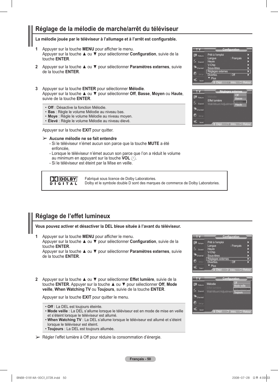 Réglage de l’effet lumineux | Samsung PN50A400C2DXZA User Manual | Page 189 / 209