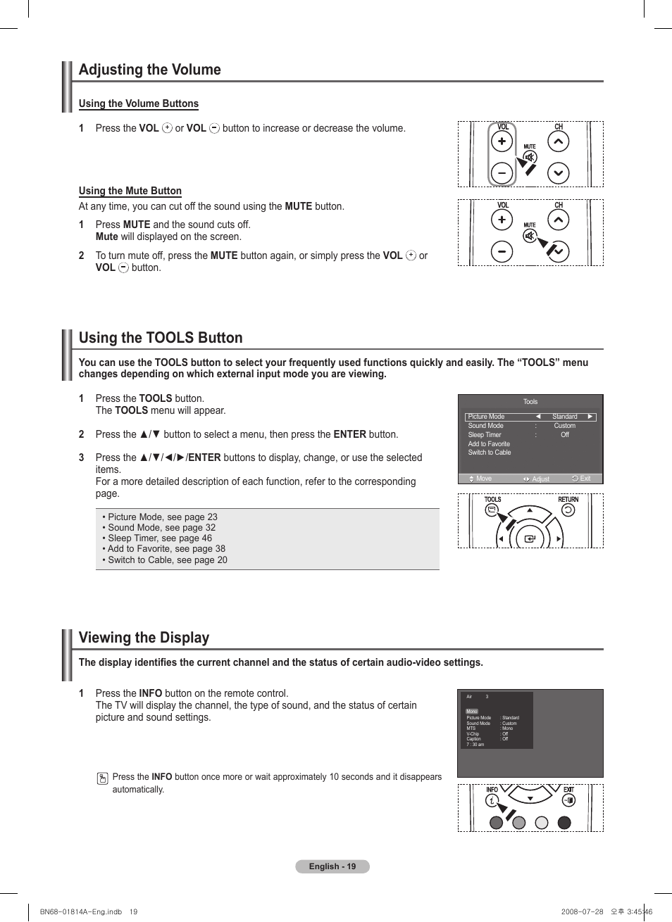 Adjusting the volume, Using the tools button, Viewing the display | Samsung PN50A400C2DXZA User Manual | Page 19 / 209