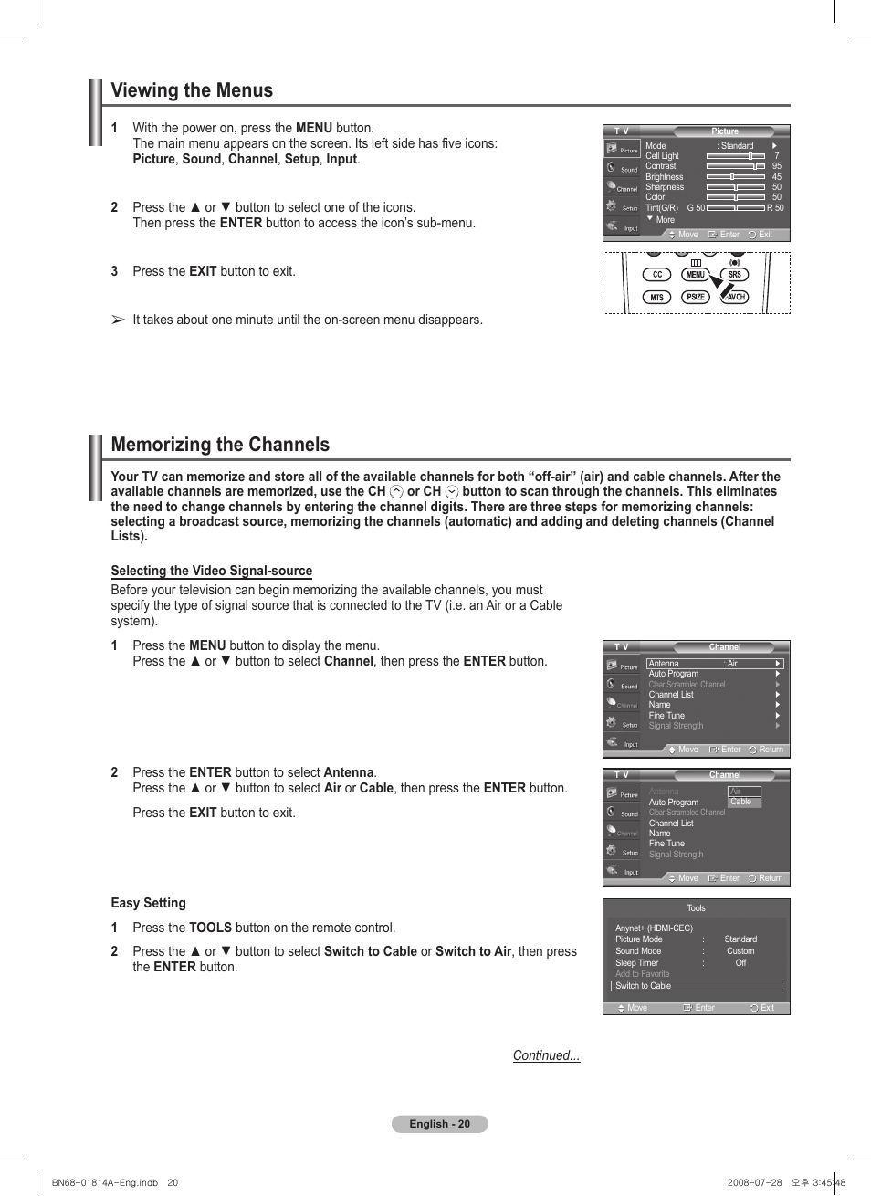 Viewing the menus, Memorizing the channels, Or ch | Samsung PN50A400C2DXZA User Manual | Page 20 / 209