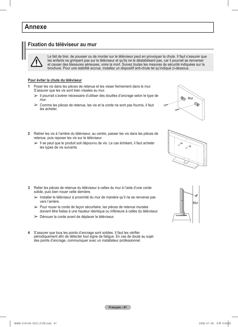 경고 주의 경고 주의, Annexe, Fixation du téléviseur au mur | Samsung PN50A400C2DXZA User Manual | Page 200 / 209