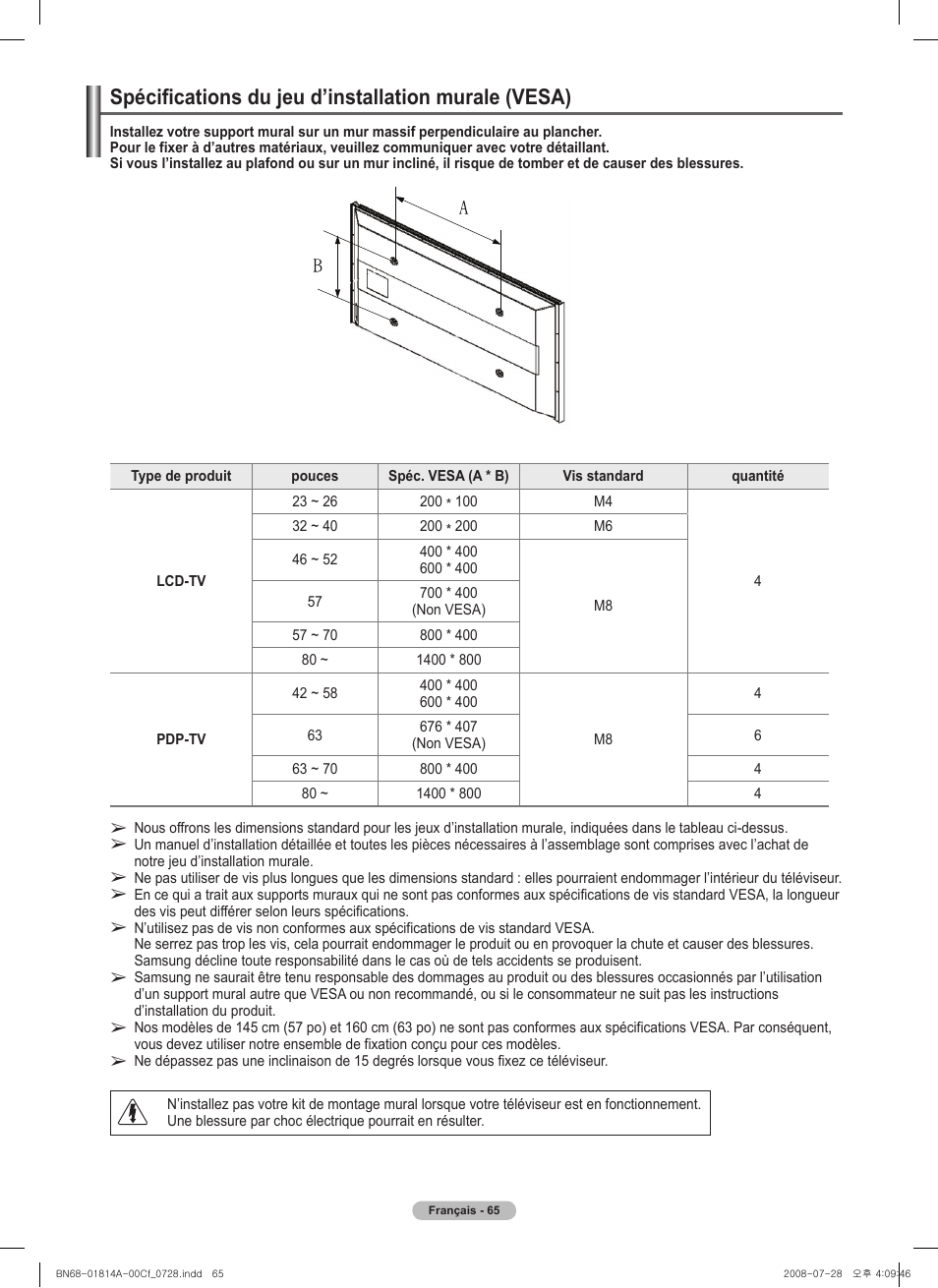 Spécifications du jeu d’installation murale (vesa) | Samsung PN50A400C2DXZA User Manual | Page 204 / 209