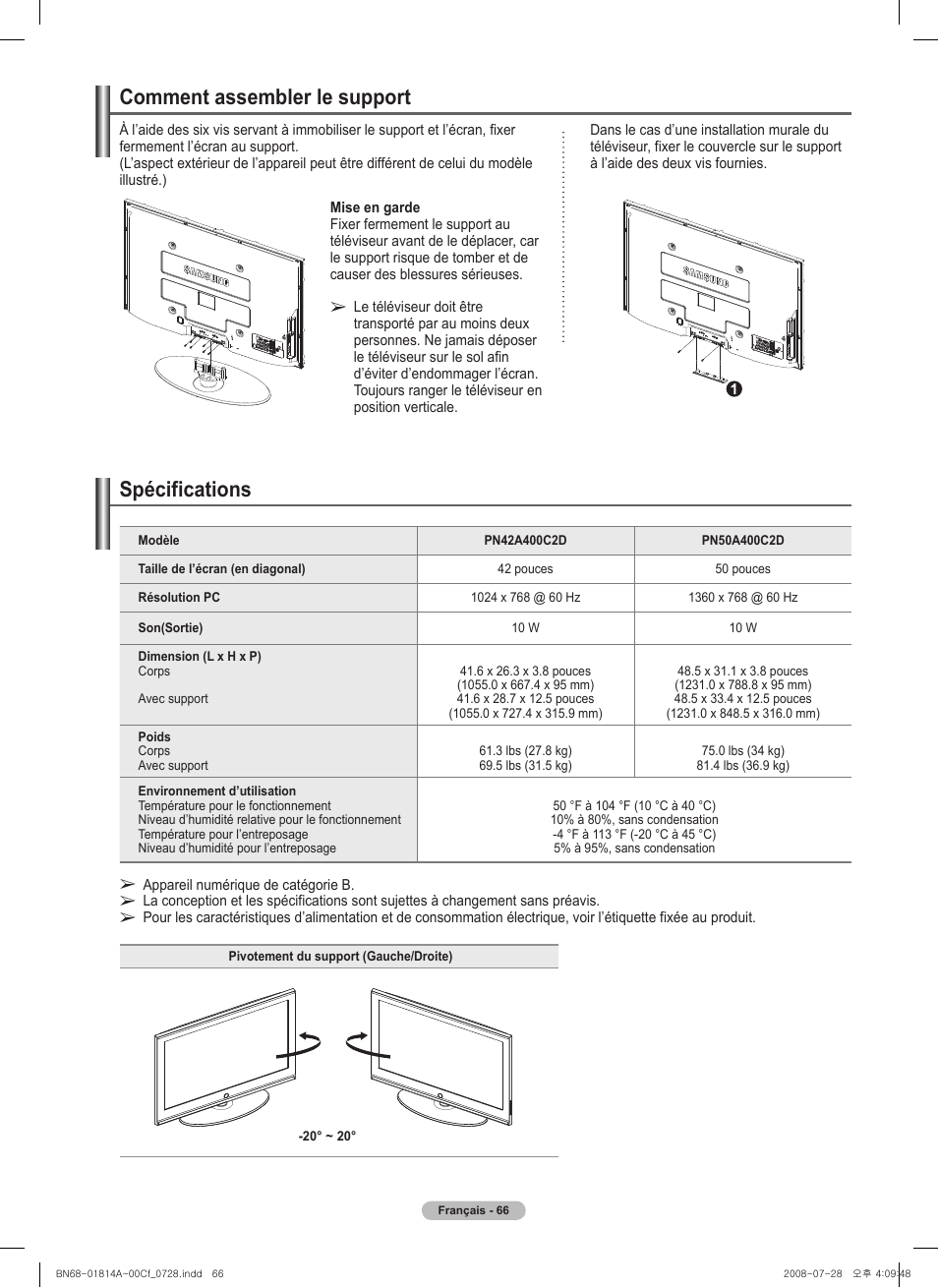 Comment assembler le support, Spécifications | Samsung PN50A400C2DXZA User Manual | Page 205 / 209