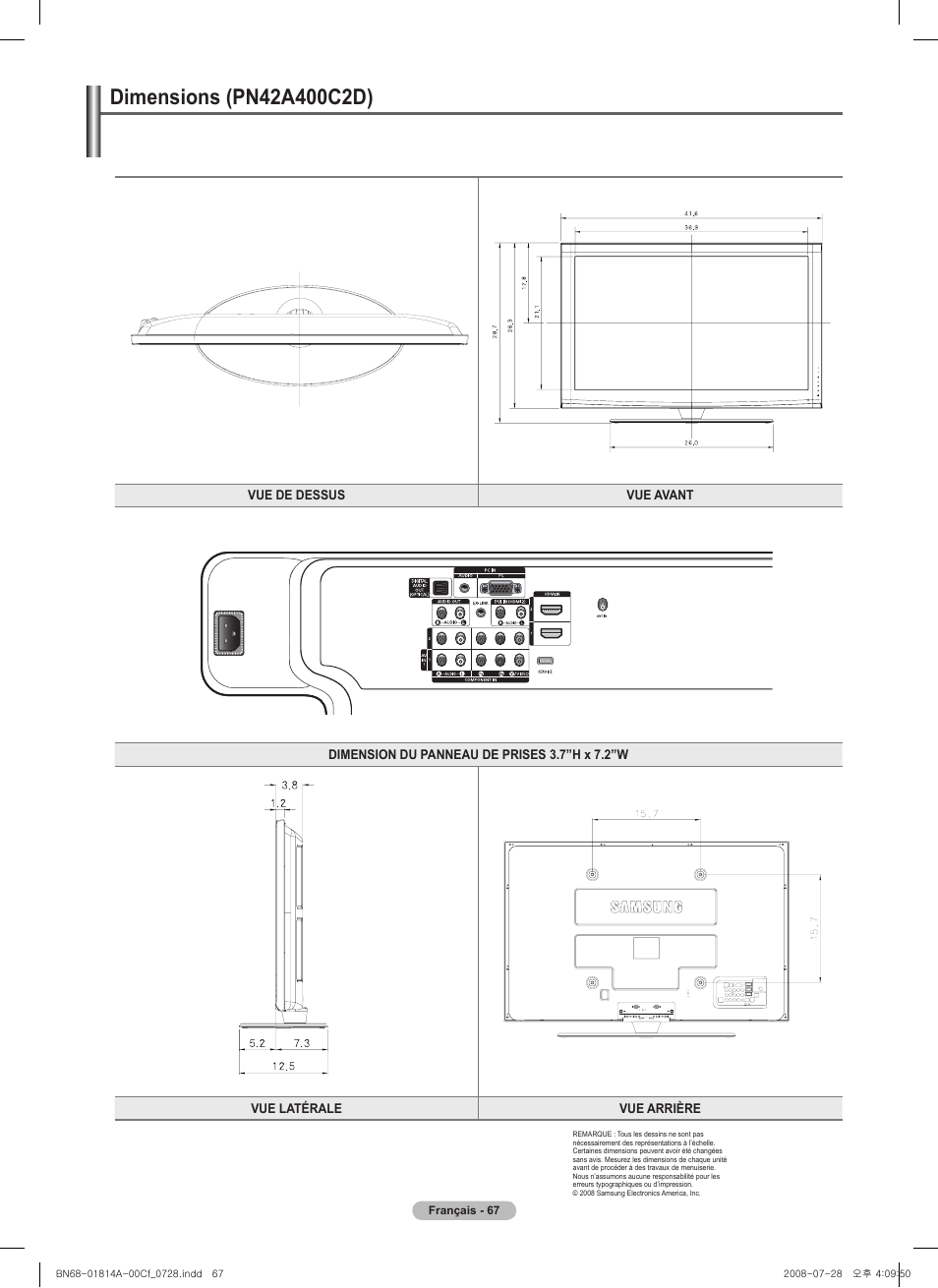 Dimensions (pn4a400cd) | Samsung PN50A400C2DXZA User Manual | Page 206 / 209