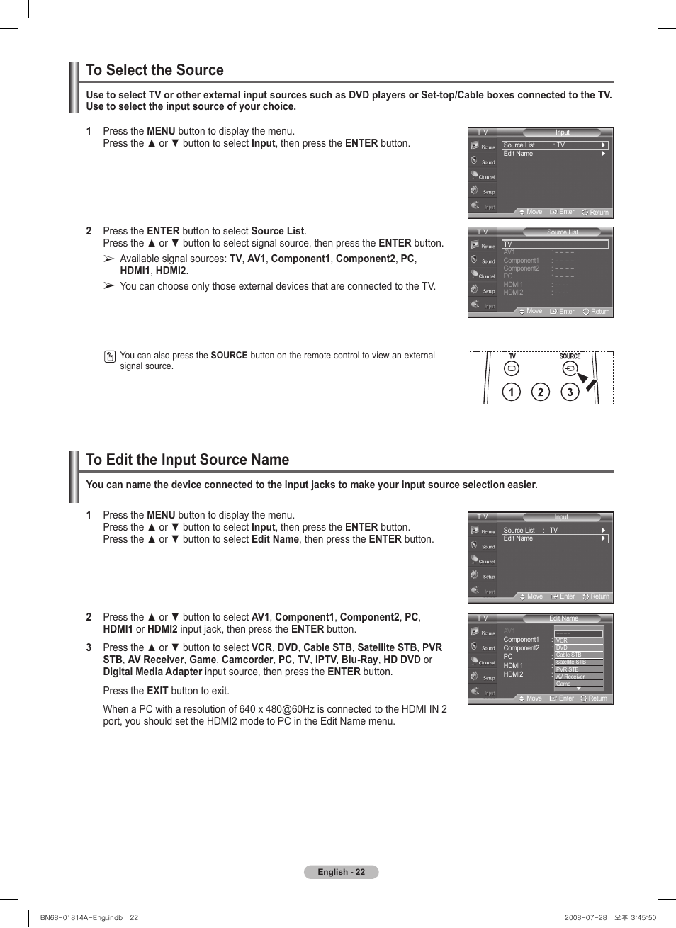 To select the source, To edit the input source name | Samsung PN50A400C2DXZA User Manual | Page 22 / 209