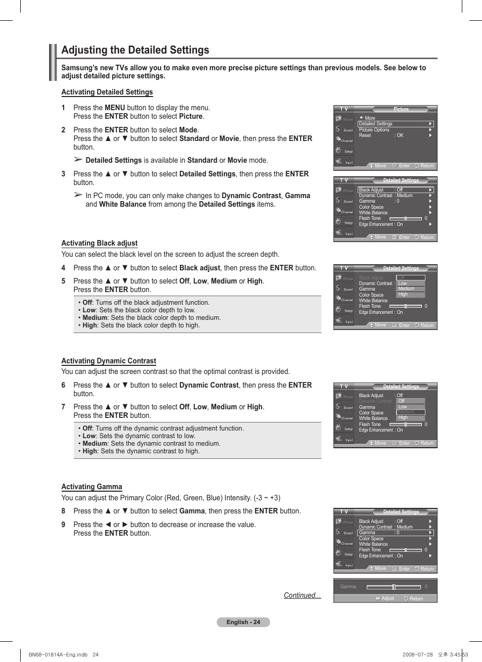 Adjusting the detailed settings | Samsung PN50A400C2DXZA User Manual | Page 24 / 209