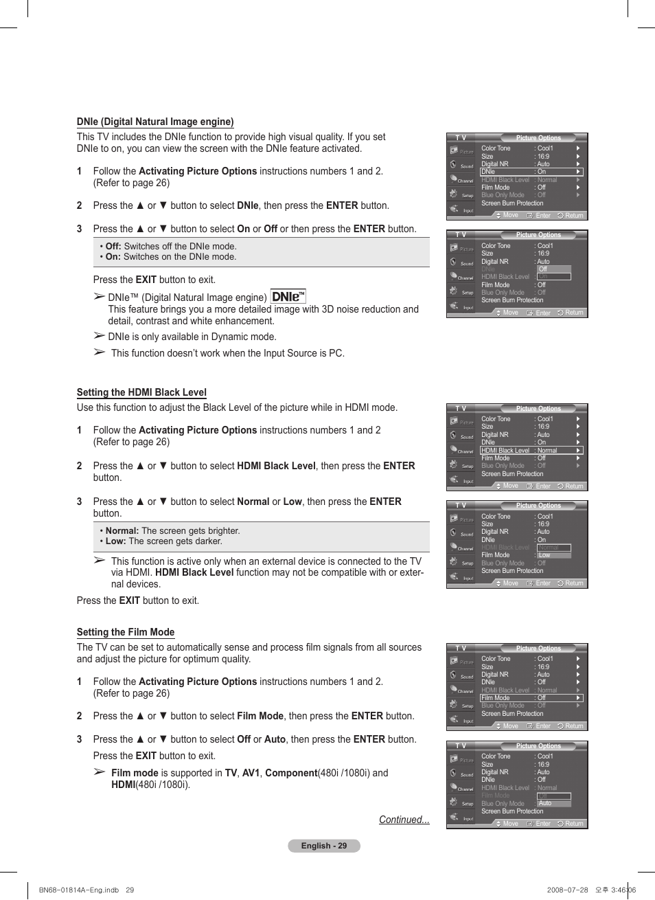 Press the exit button to exit, Dnie is only available in dynamic mode | Samsung PN50A400C2DXZA User Manual | Page 29 / 209