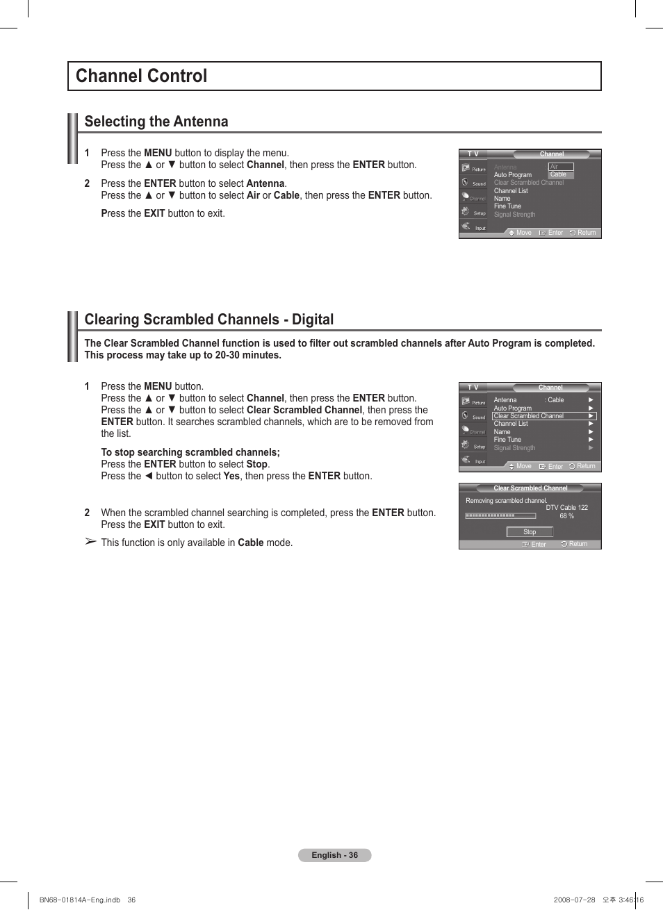 Channel control, Selecting the antenna, Clearing scrambled channels - digital | Samsung PN50A400C2DXZA User Manual | Page 36 / 209