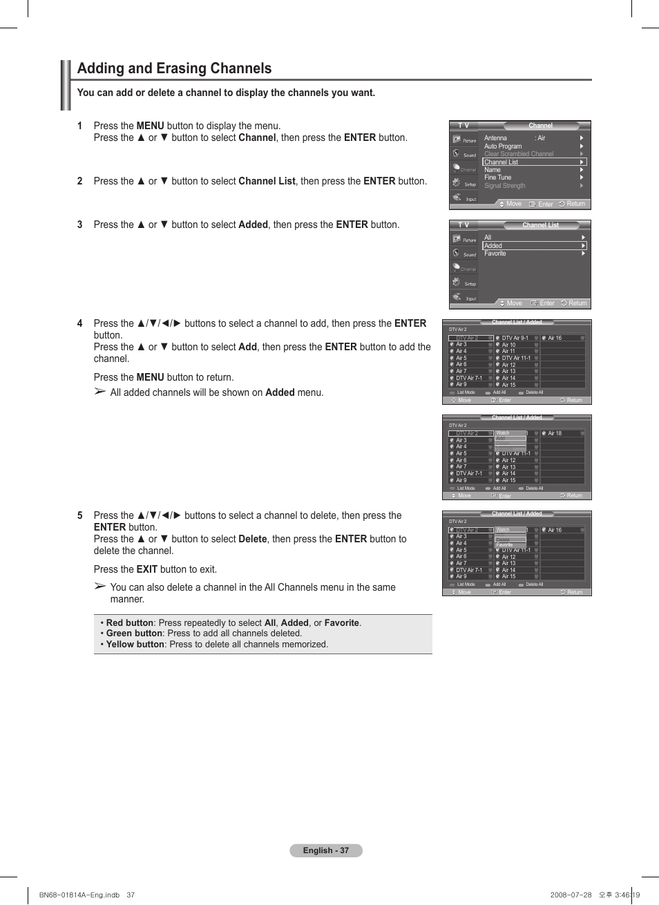 Adding and erasing channels | Samsung PN50A400C2DXZA User Manual | Page 37 / 209