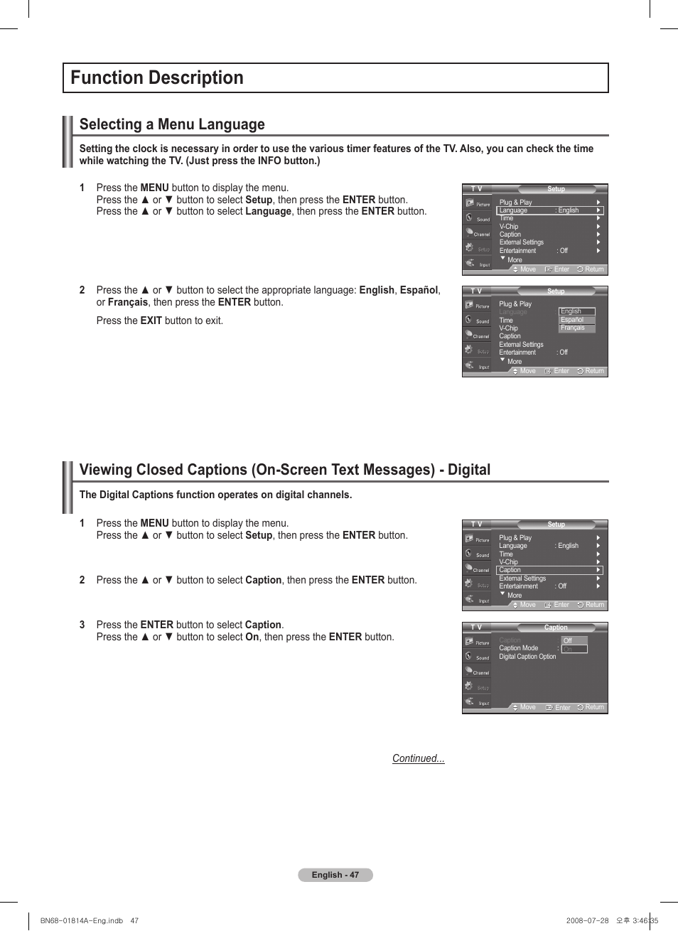 Function description, Selecting a menu language | Samsung PN50A400C2DXZA User Manual | Page 47 / 209