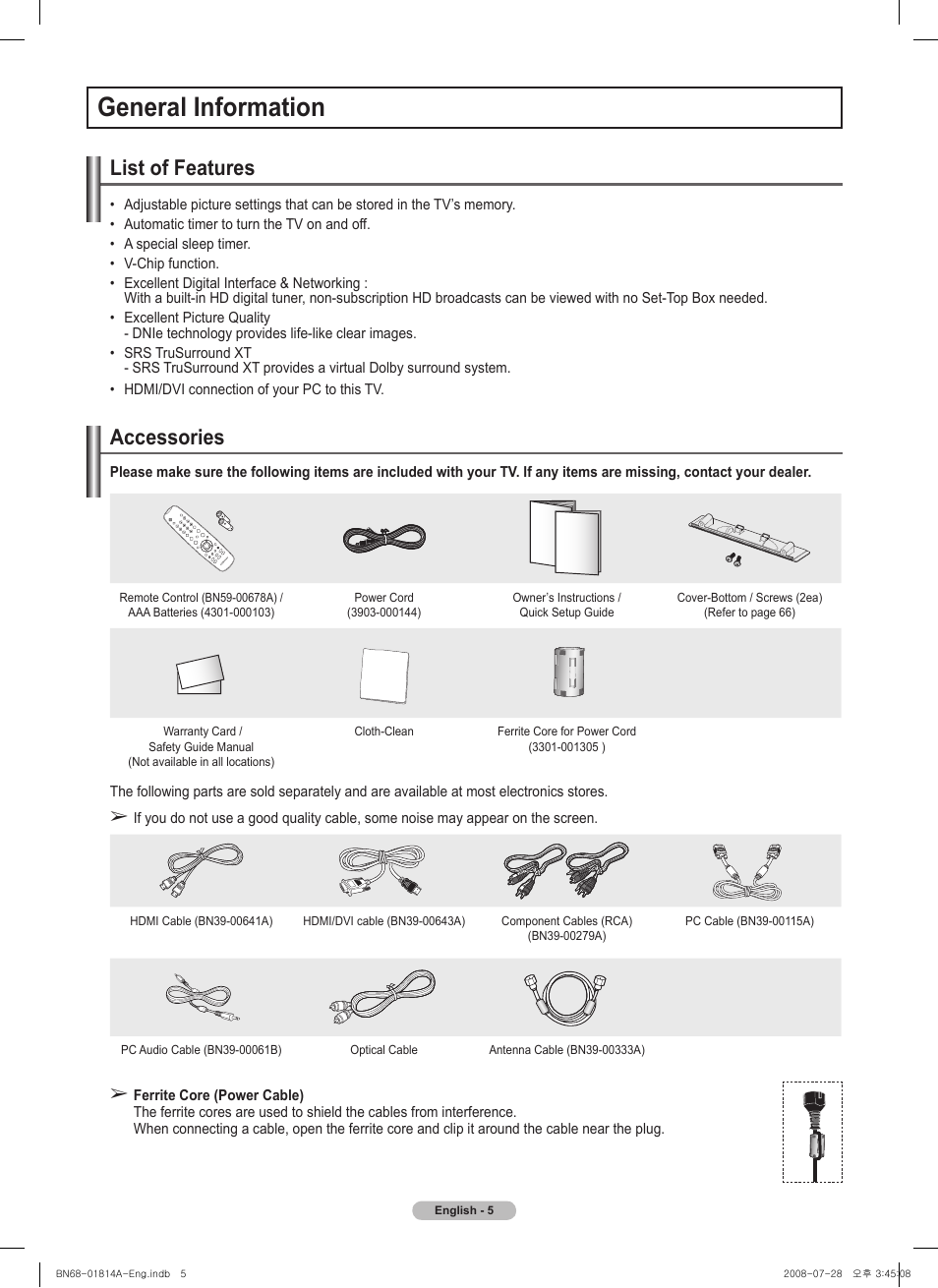 General information, List of features, Accessories | Samsung PN50A400C2DXZA User Manual | Page 5 / 209