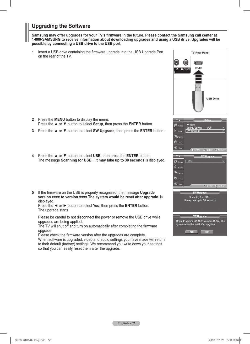 Upgrading the software | Samsung PN50A400C2DXZA User Manual | Page 52 / 209