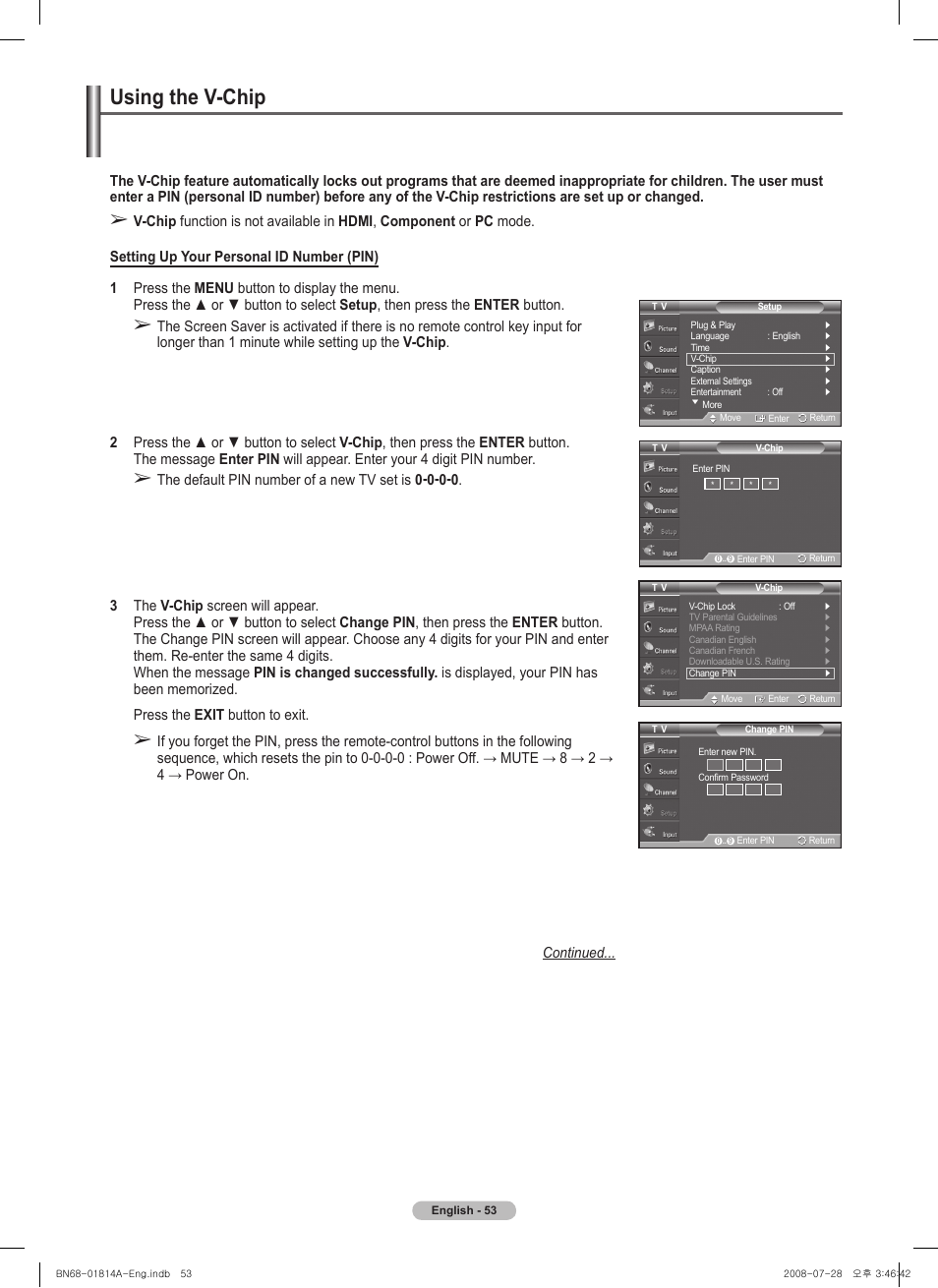 Using the v-chip | Samsung PN50A400C2DXZA User Manual | Page 53 / 209