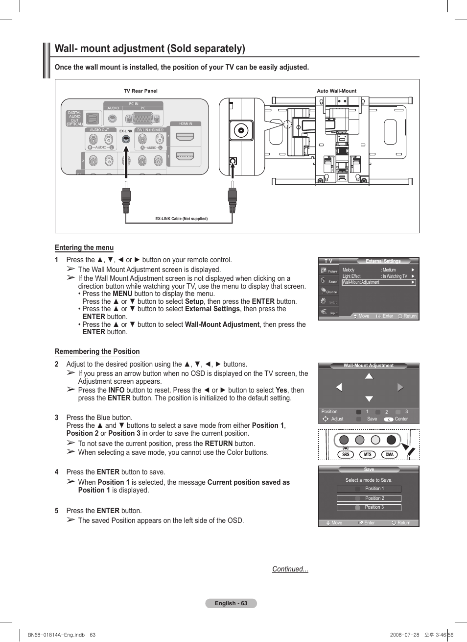 Wall- mount adjustment (sold separately) | Samsung PN50A400C2DXZA User Manual | Page 63 / 209