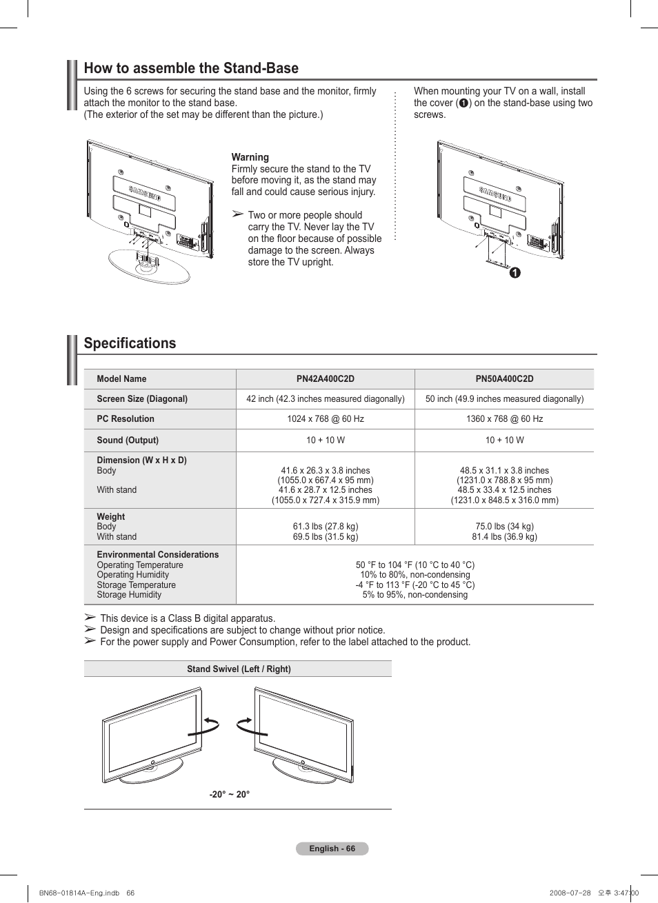 How to assemble the stand-base, Specifications | Samsung PN50A400C2DXZA User Manual | Page 66 / 209