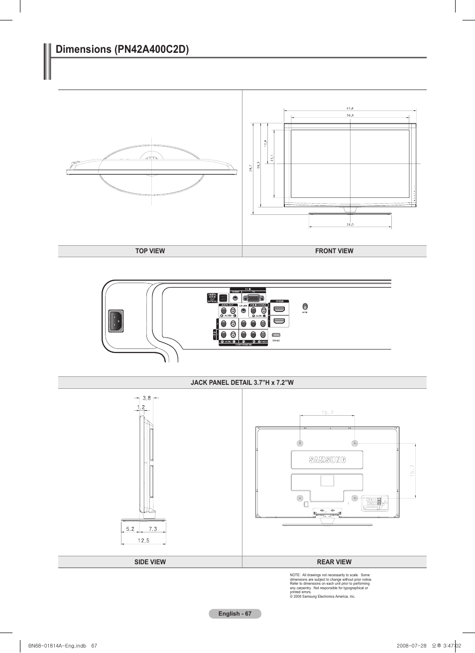 Dimensions (pn42a400c2d), Dimensions (pn4a400cd) | Samsung PN50A400C2DXZA User Manual | Page 67 / 209