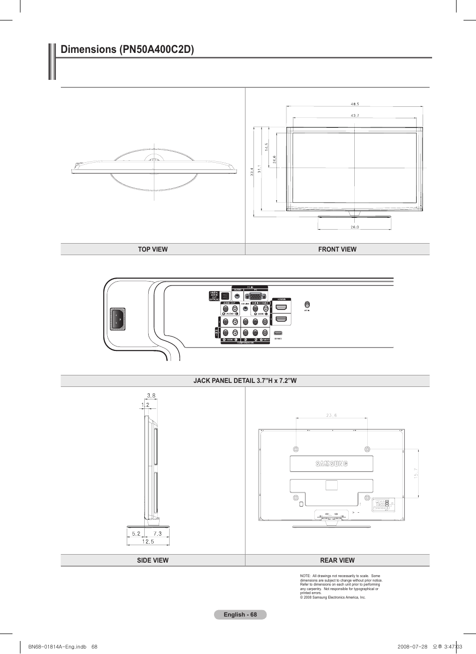 Dimensions (pn50a400c2d), This page is intentionally left blank | Samsung PN50A400C2DXZA User Manual | Page 68 / 209