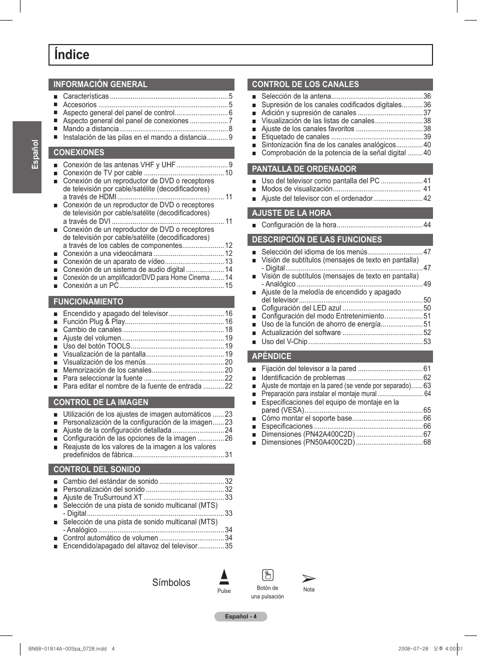 Índice, Símbolos | Samsung PN50A400C2DXZA User Manual | Page 73 / 209