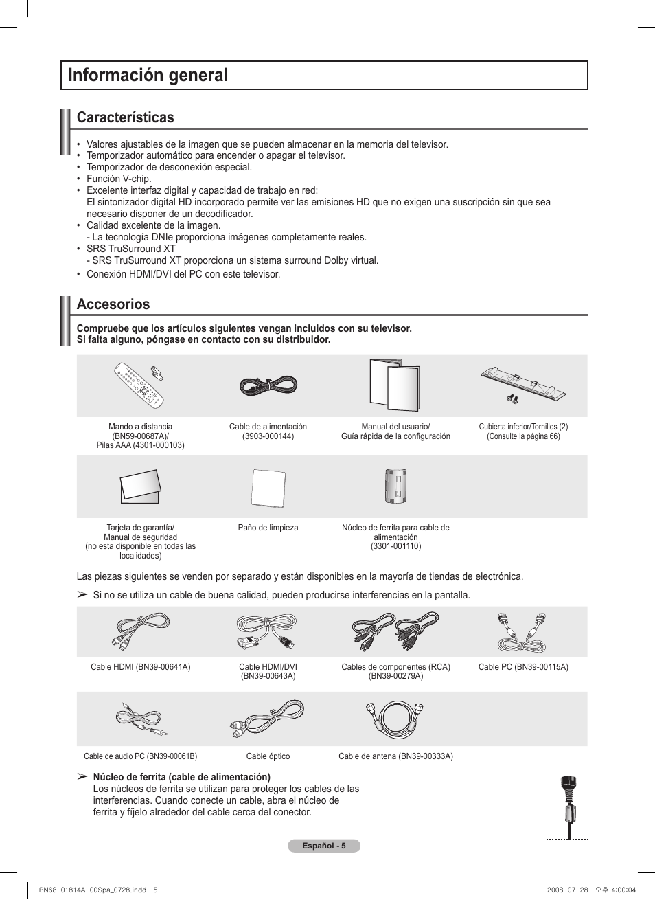 Información general, Características, Accesorios | Samsung PN50A400C2DXZA User Manual | Page 74 / 209