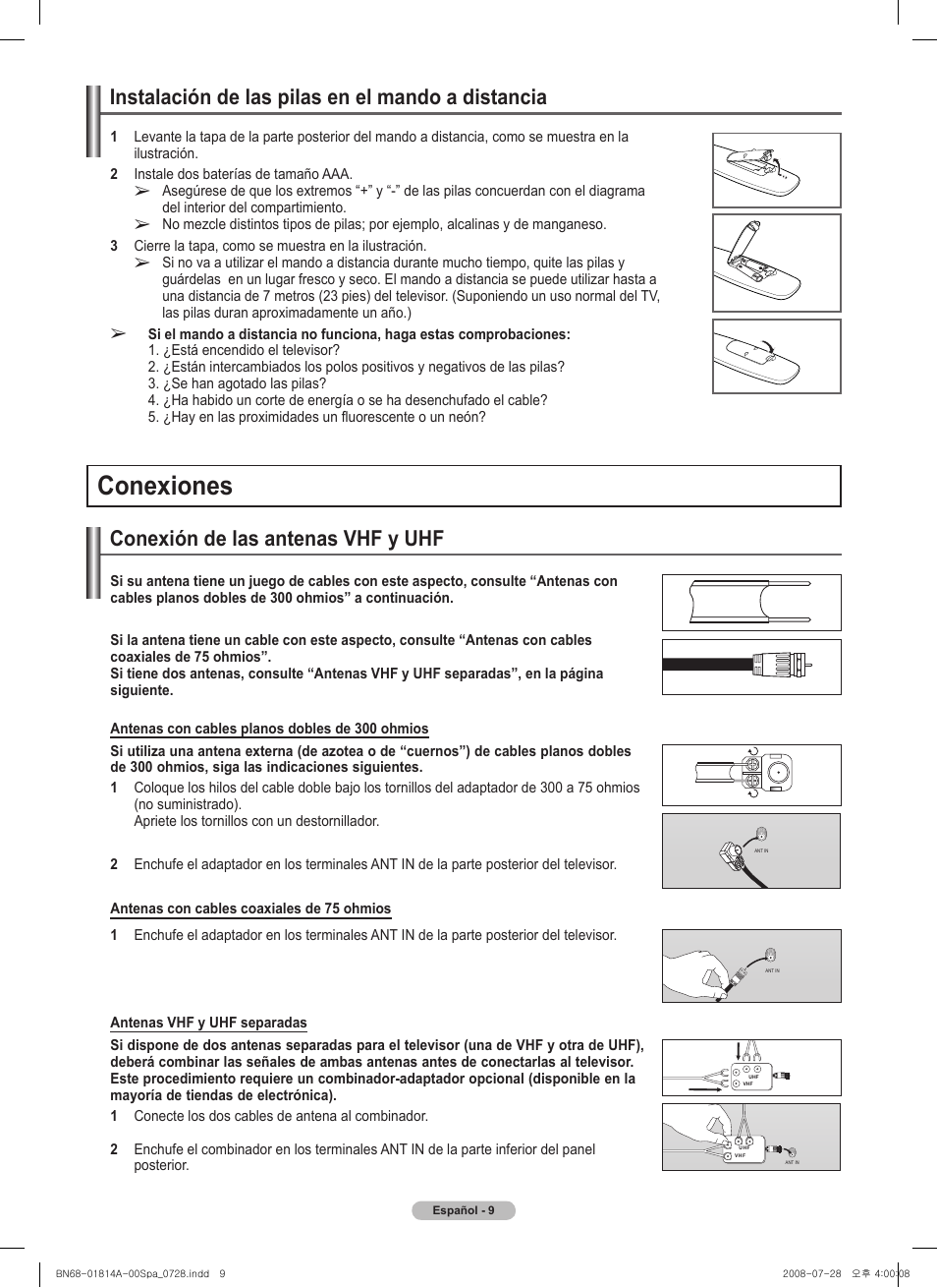 Conexiones, Conexión de las antenas vhf y uhf, Instalación de las pilas en el mando a distancia | Samsung PN50A400C2DXZA User Manual | Page 78 / 209