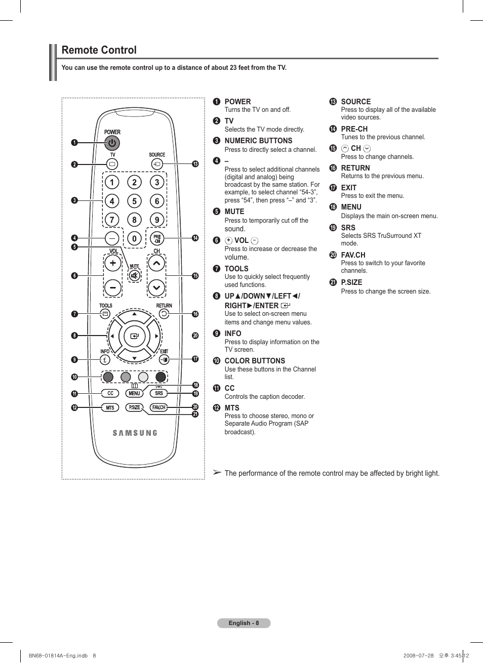 Remote control | Samsung PN50A400C2DXZA User Manual | Page 8 / 209