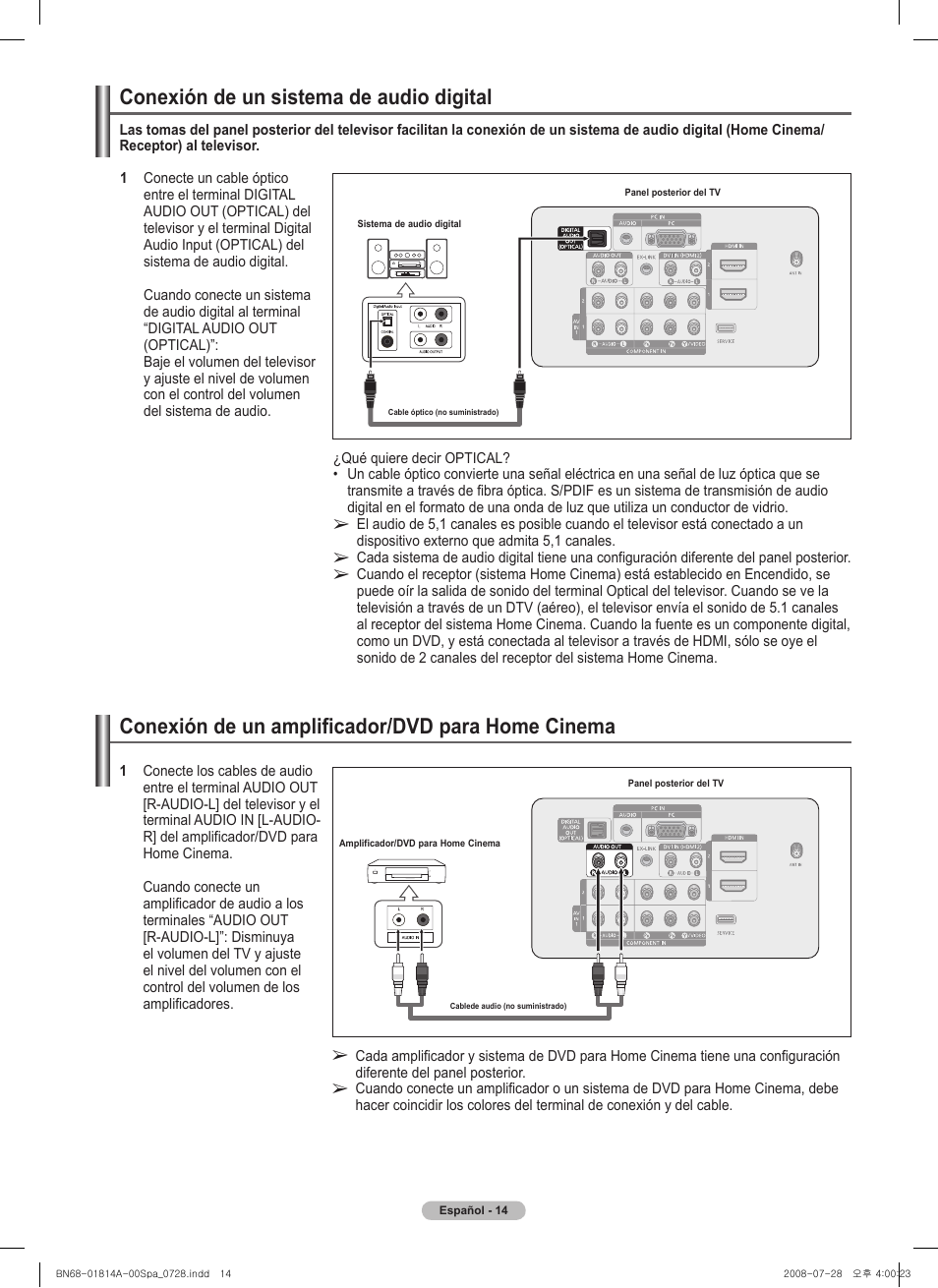 Conexión de un amplificador/dvd para home cinema, Conexión de un sistema de audio digital | Samsung PN50A400C2DXZA User Manual | Page 83 / 209