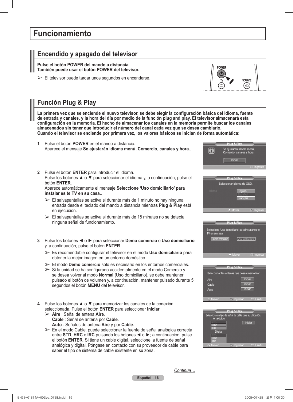 Funcionamiento, Encendido y apagado del televisor, Función plug & play | Samsung PN50A400C2DXZA User Manual | Page 85 / 209