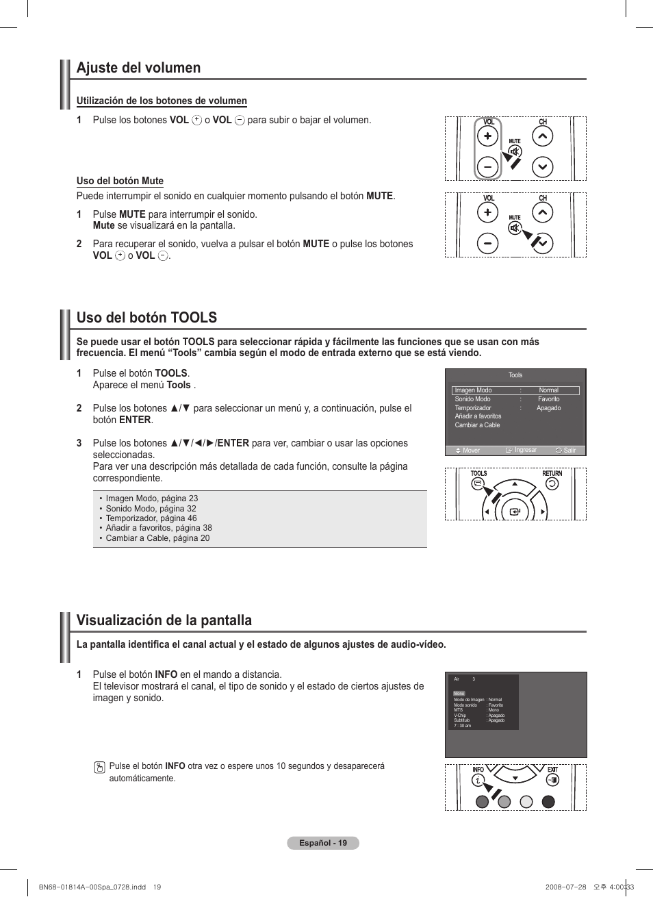 Ajuste del volumen, Visualización de la pantalla, Uso del botón tools | Samsung PN50A400C2DXZA User Manual | Page 88 / 209