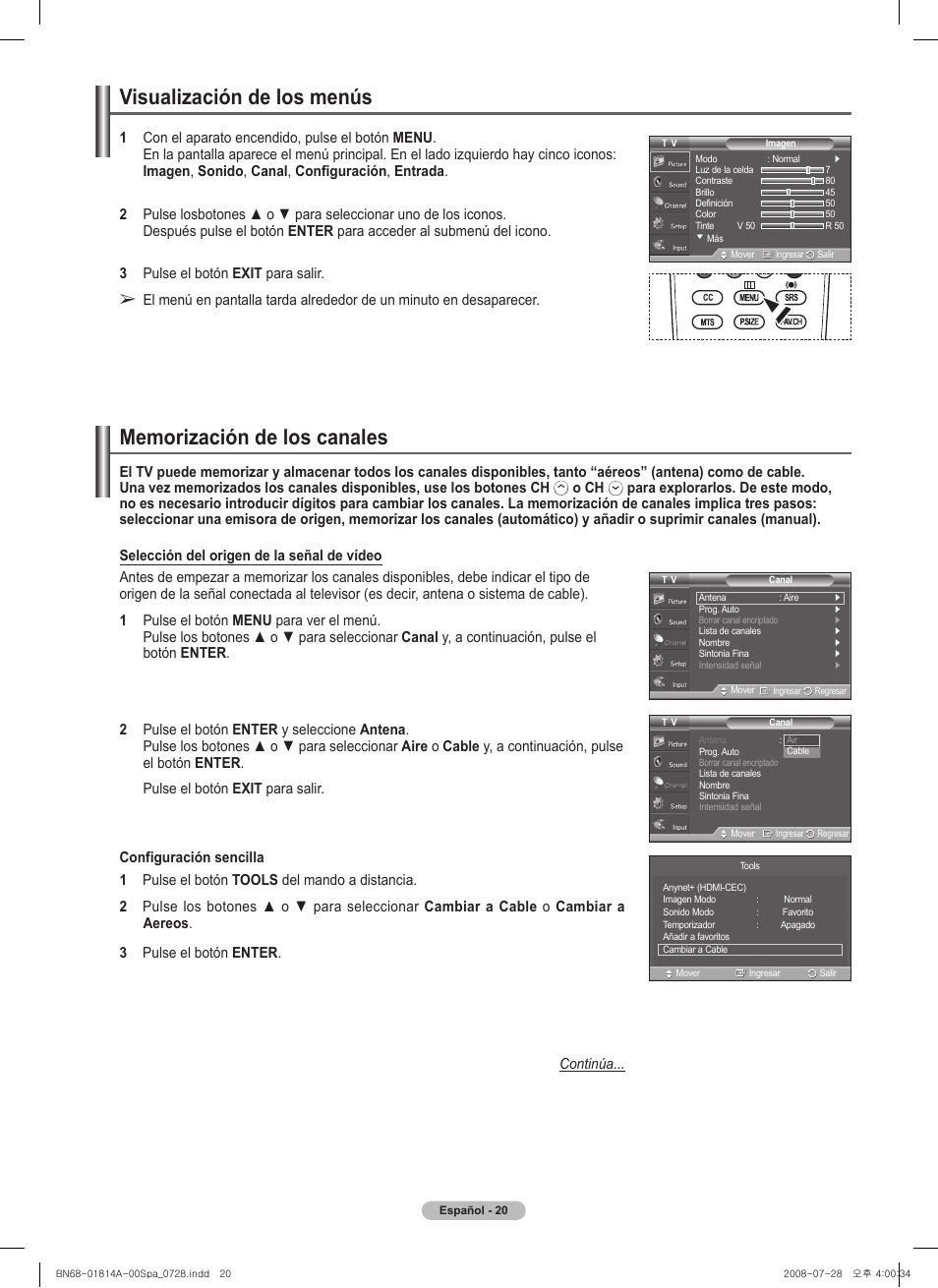 Visualización de los menús, O ch | Samsung PN50A400C2DXZA User Manual | Page 89 / 209