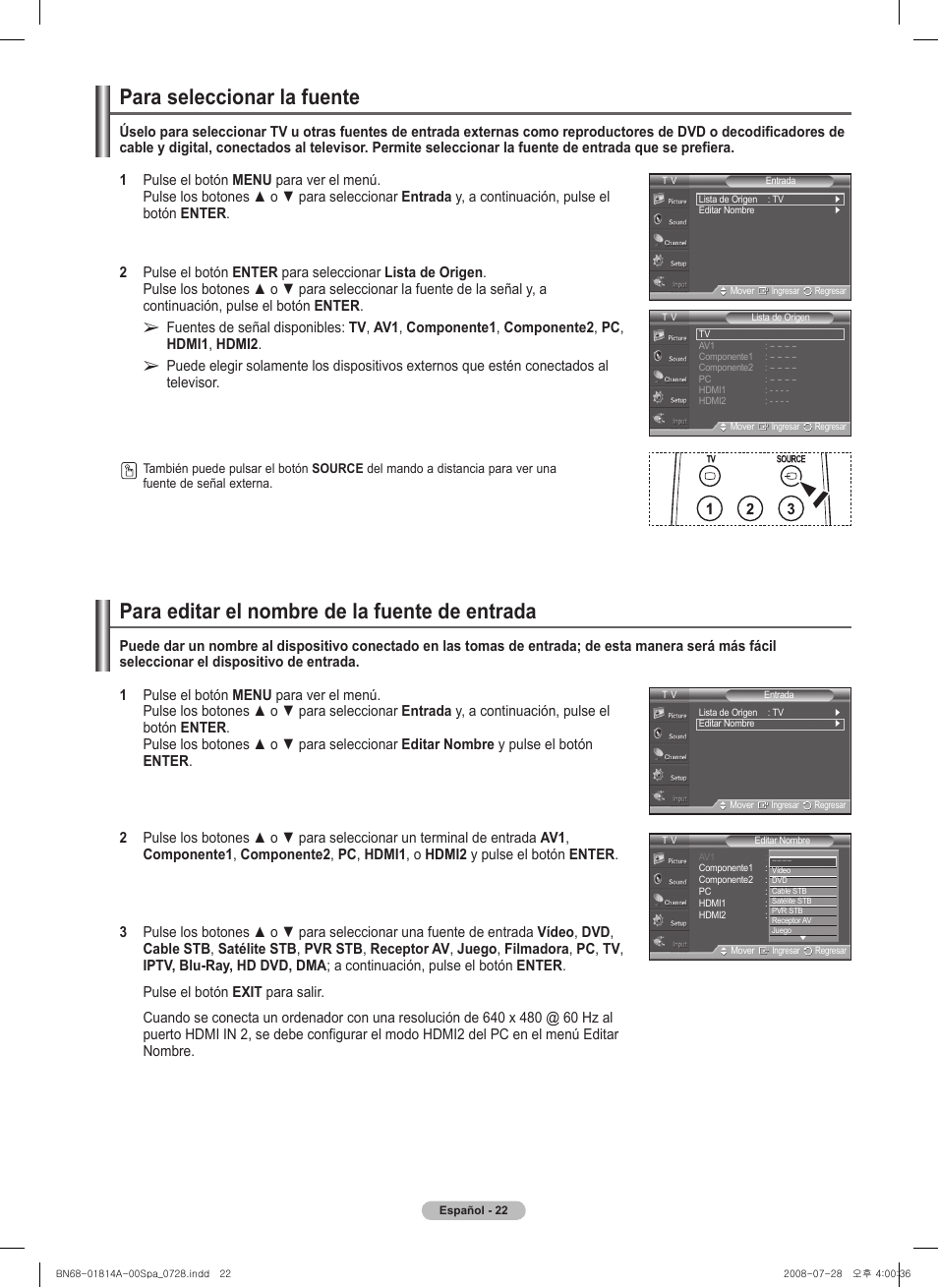 Para seleccionar la fuente, Para editar el nombre de la fuente de entrada | Samsung PN50A400C2DXZA User Manual | Page 91 / 209