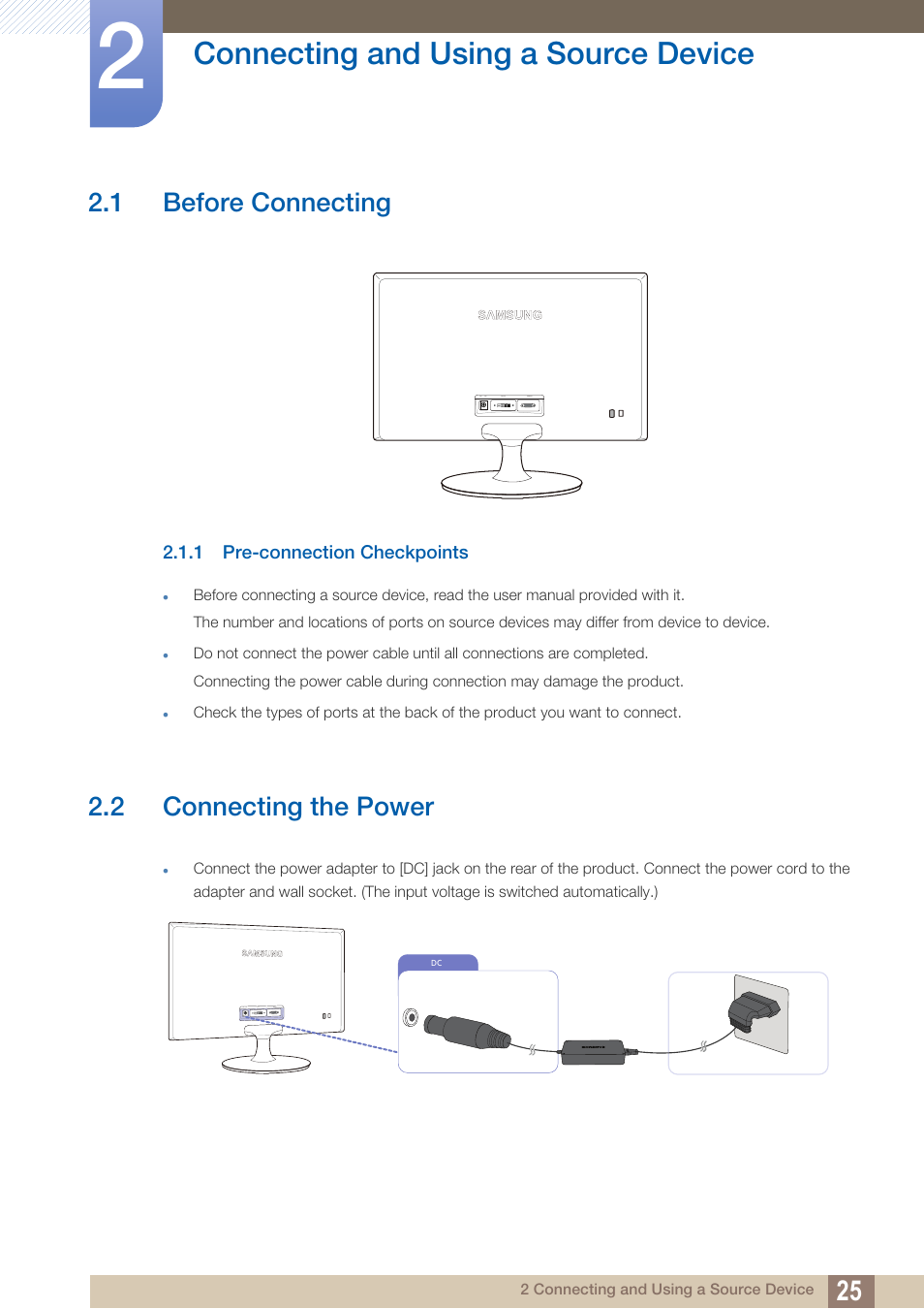 Connecting and using a source device, 1 before connecting, 1 pre-connection checkpoints | 2 connecting the power, Connecting and using, A source device, Before connecting, Pre-connection checkpoints, Connecting the power | Samsung LS24B150BL-ZA User Manual | Page 25 / 86