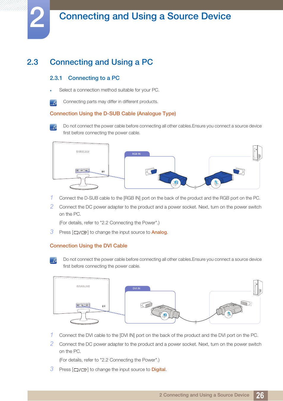 3 connecting and using a pc, 1 connecting to a pc, Connecting and using a pc | Connecting to a pc, Connecting and using a source device | Samsung LS24B150BL-ZA User Manual | Page 26 / 86