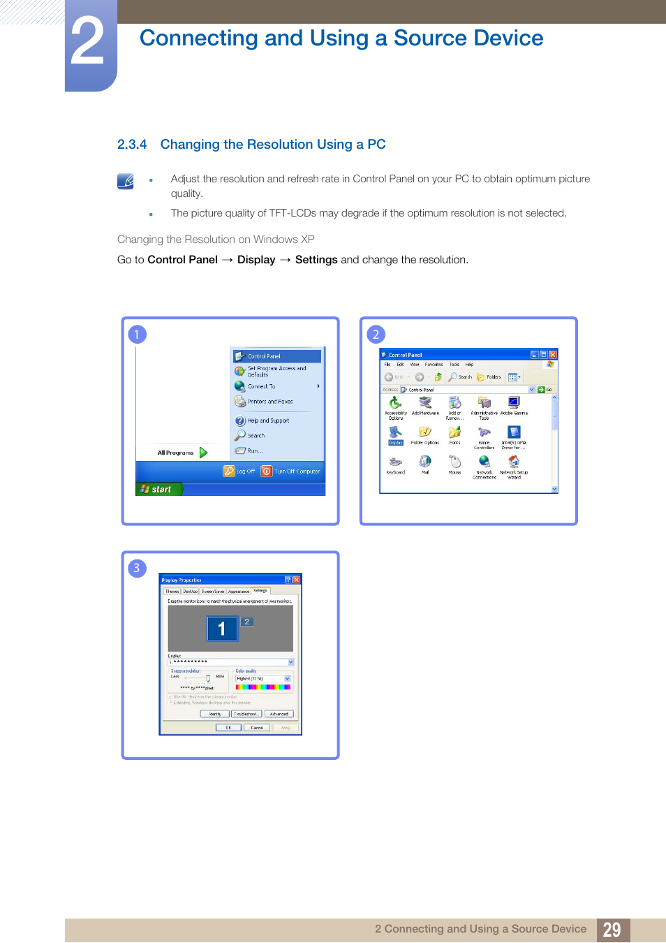 4 changing the resolution using a pc, Changing the resolution using a pc, Connecting and using a source device | Samsung LS24B150BL-ZA User Manual | Page 29 / 86