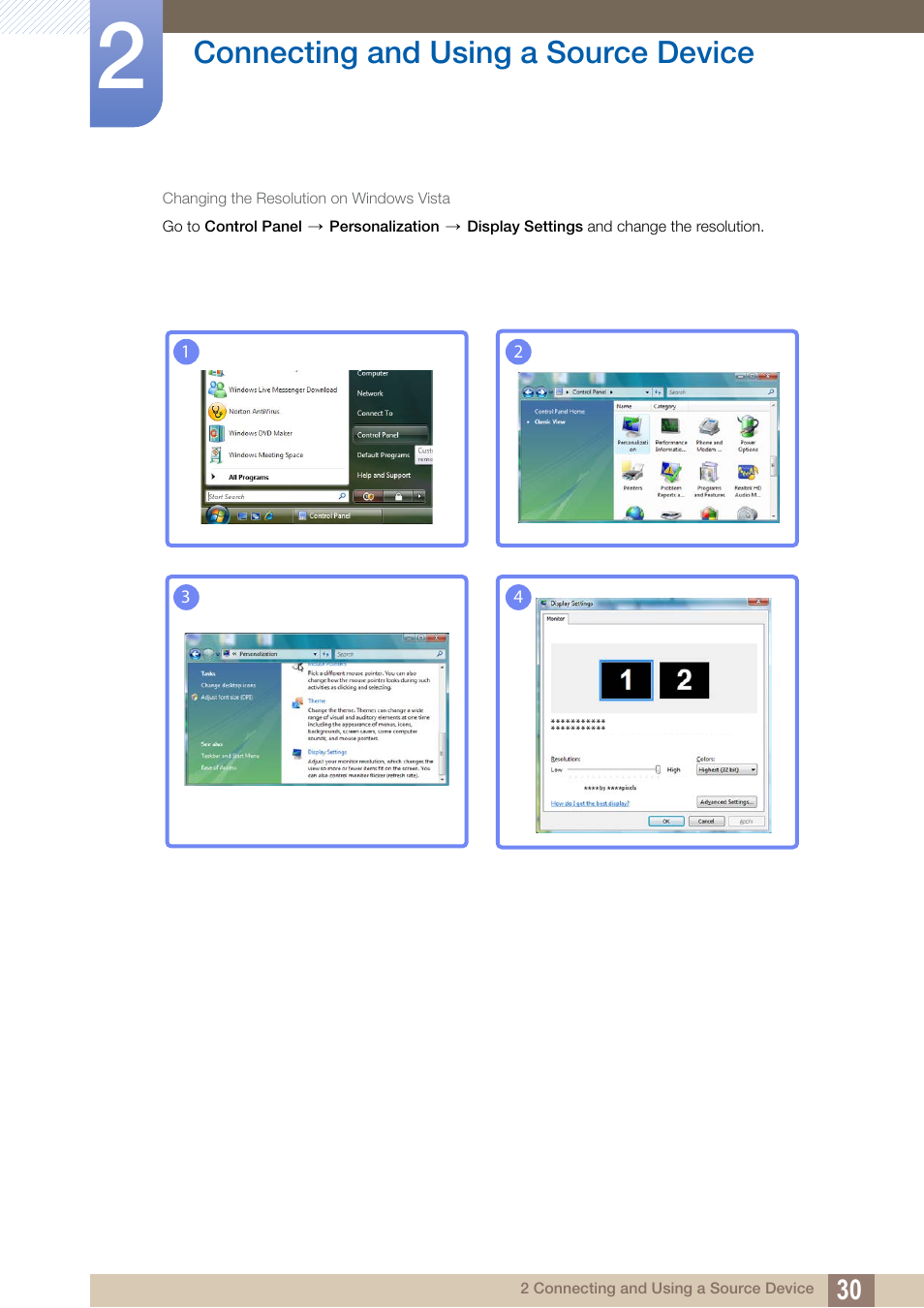 Connecting and using a source device | Samsung LS24B150BL-ZA User Manual | Page 30 / 86
