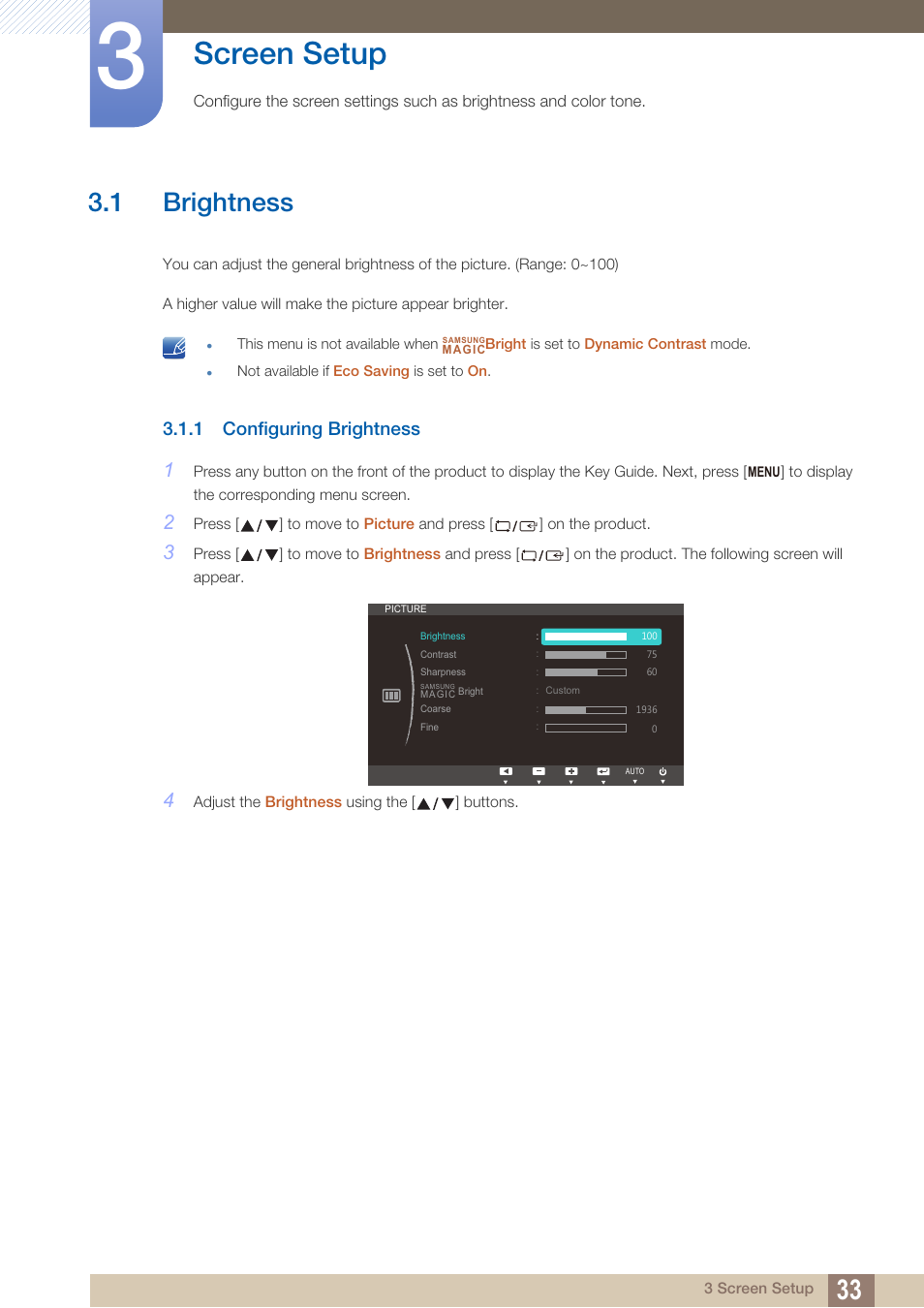 Screen setup, 1 brightness, 1 configuring brightness | Brightness, Configuring brightness | Samsung LS24B150BL-ZA User Manual | Page 33 / 86