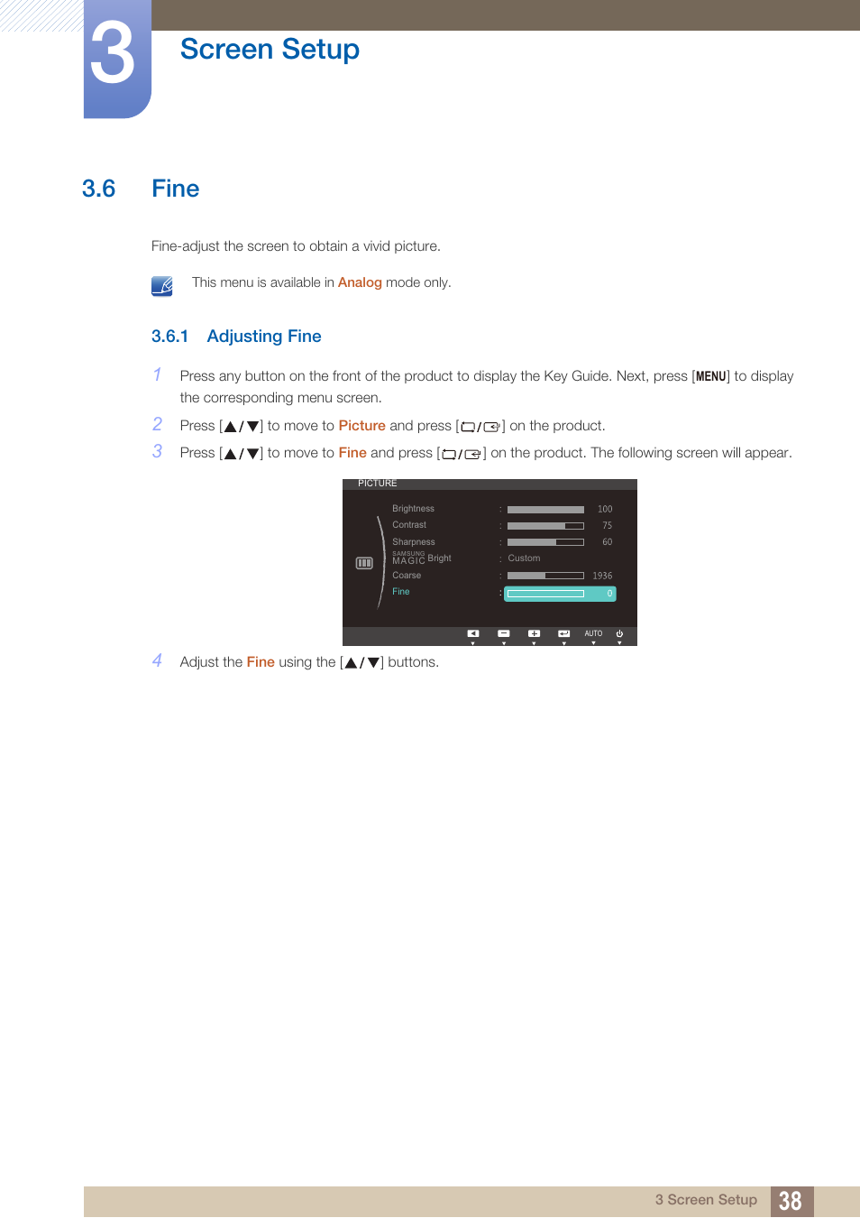 6 fine, 1 adjusting fine, Fine | Adjusting fine, Screen setup | Samsung LS24B150BL-ZA User Manual | Page 38 / 86