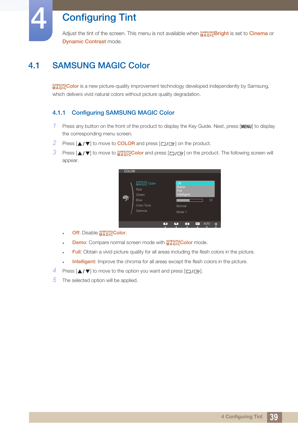 Configuring tint, 1 samsung magic color, 1 configuring samsung magic color | Samsung magic color, Configuring samsung magic color | Samsung LS24B150BL-ZA User Manual | Page 39 / 86