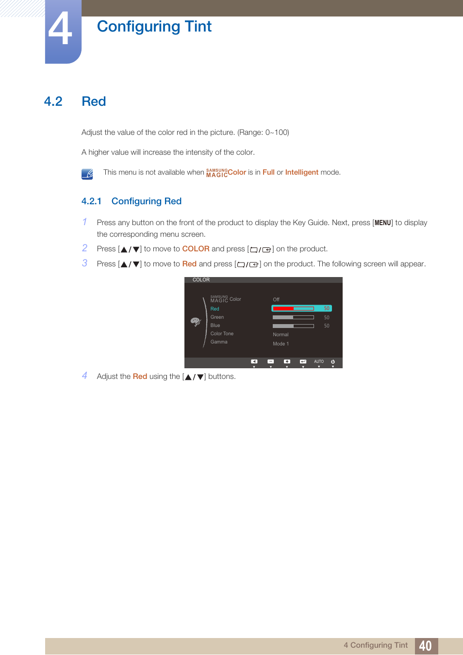2 red, 1 configuring red, Configuring red | Configuring tint | Samsung LS24B150BL-ZA User Manual | Page 40 / 86