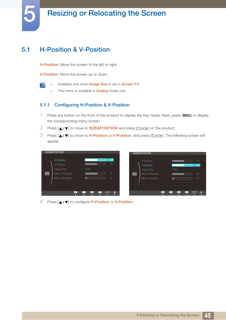 Resizing or relocating the screen, 1 h-position & v-position, 1 configuring h-position & v-position | Resizing or, Relocating the, Screen, H-position & v-position, Configuring h-position & v-position | Samsung LS24B150BL-ZA User Manual | Page 45 / 86