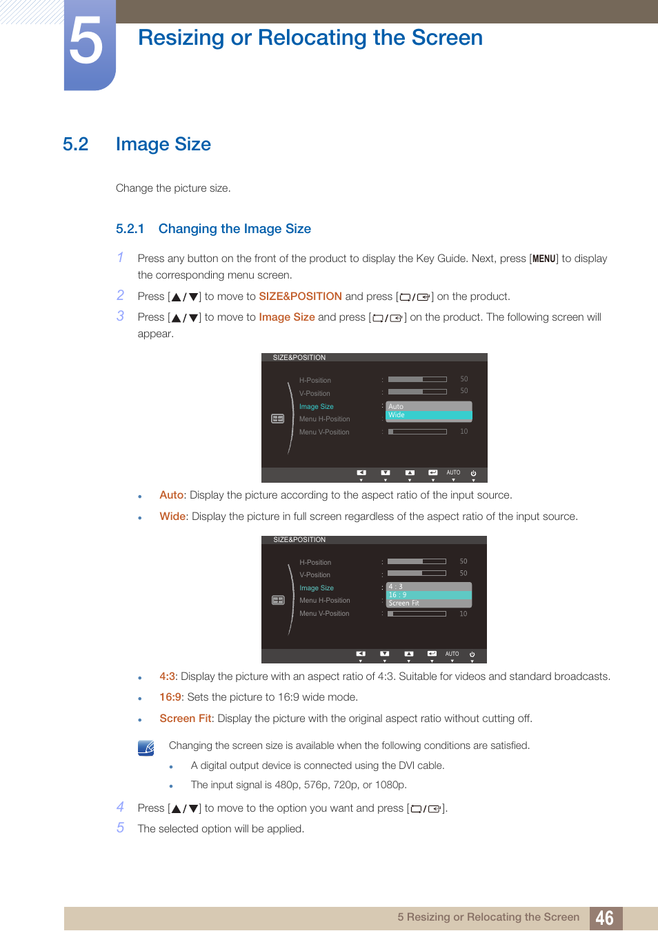 2 image size, 1 changing the image size, Image size | Changing the image size, Resizing or relocating the screen | Samsung LS24B150BL-ZA User Manual | Page 46 / 86
