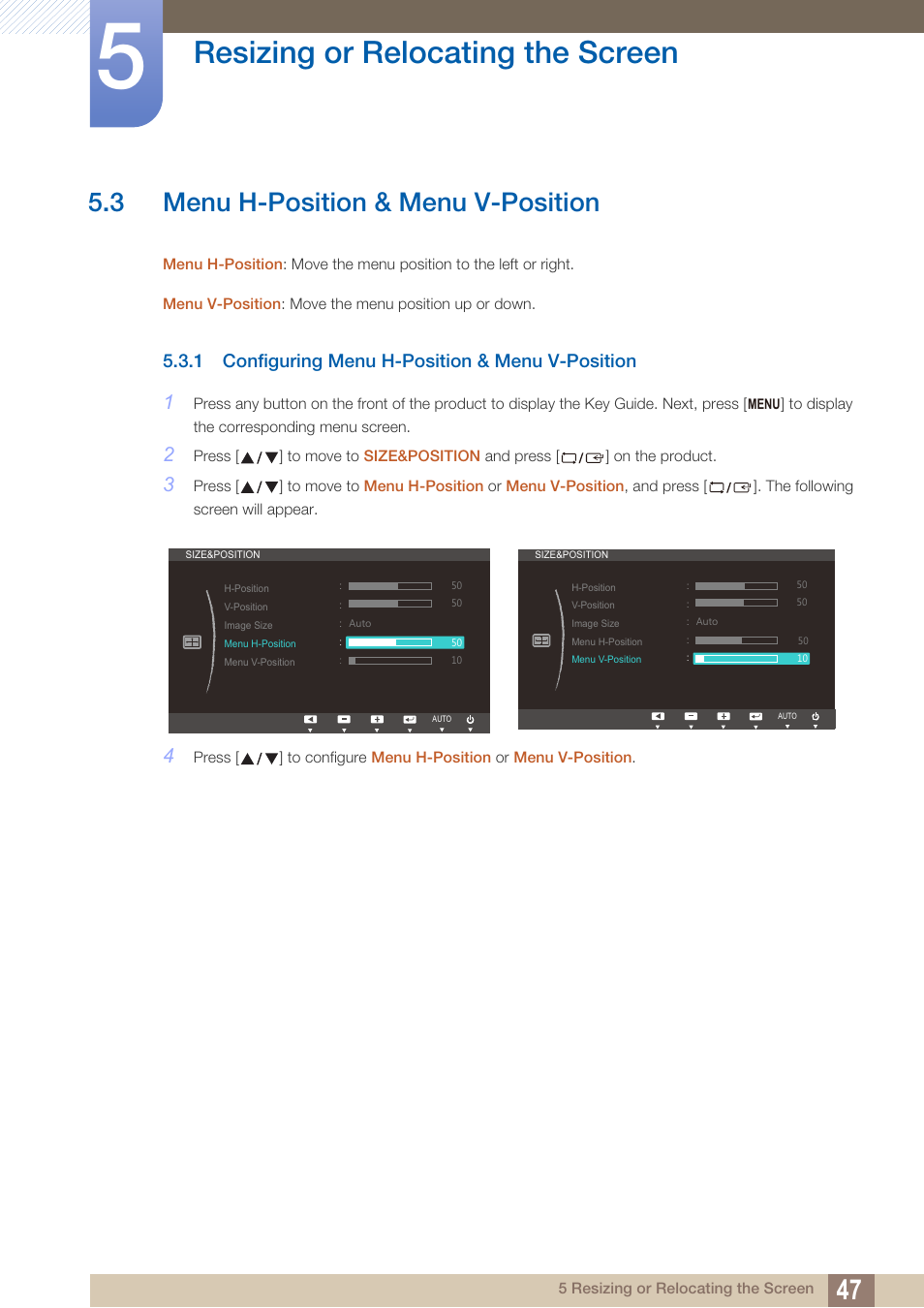 3 menu h-position & menu v-position, 1 configuring menu h-position & menu v-position, Menu h-position & menu v-position | Configuring menu h-position & menu v- position, Resizing or relocating the screen | Samsung LS24B150BL-ZA User Manual | Page 47 / 86
