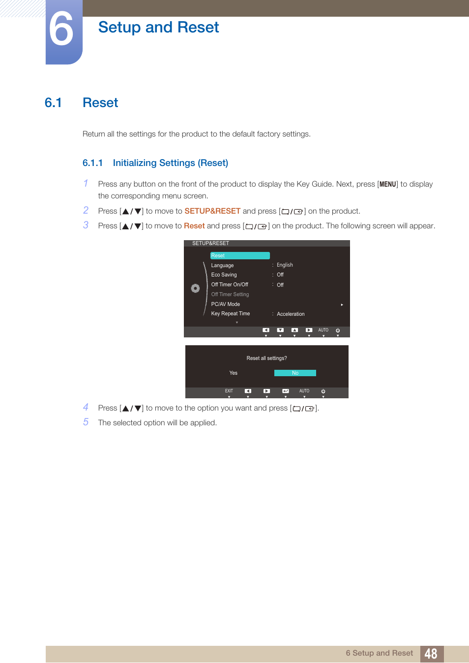 Setup and reset, 1 reset, 1 initializing settings (reset) | Reset, Initializing settings (reset) | Samsung LS24B150BL-ZA User Manual | Page 48 / 86