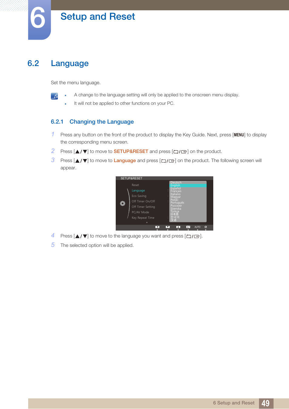 2 language, 1 changing the language, Language | Changing the language, Setup and reset | Samsung LS24B150BL-ZA User Manual | Page 49 / 86