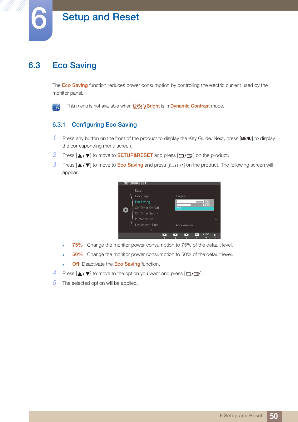 3 eco saving, 1 configuring eco saving, Eco saving | Configuring eco saving, Setup and reset | Samsung LS24B150BL-ZA User Manual | Page 50 / 86