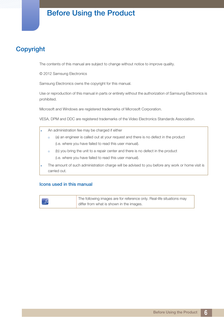 Before using the product, Copyright, Icons used in this manual | Before using the, Product | Samsung LS24B150BL-ZA User Manual | Page 6 / 86