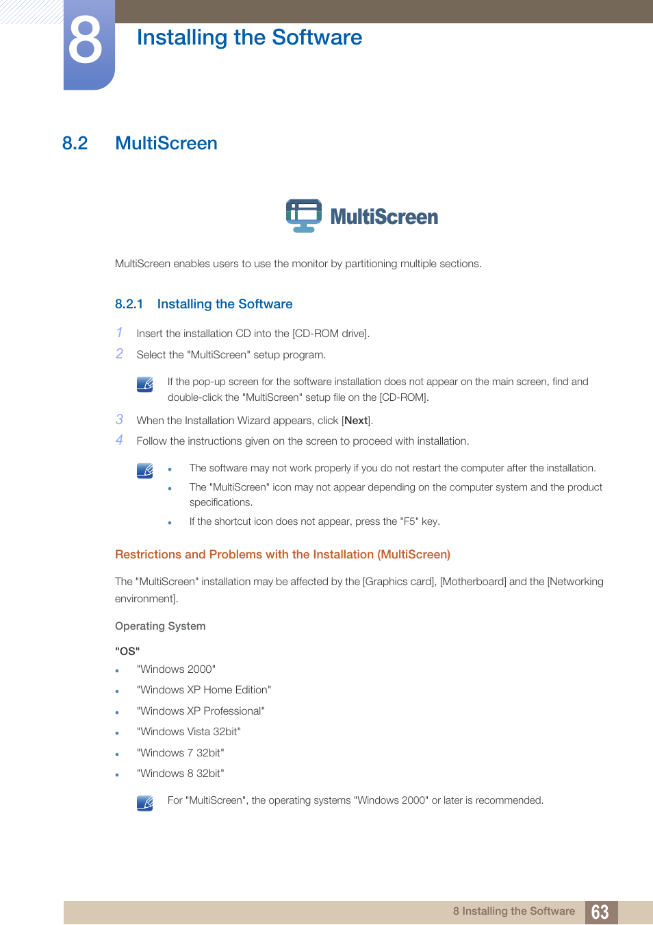 2 multiscreen, 1 installing the software, Multiscreen | Installing the software | Samsung LS24B150BL-ZA User Manual | Page 63 / 86