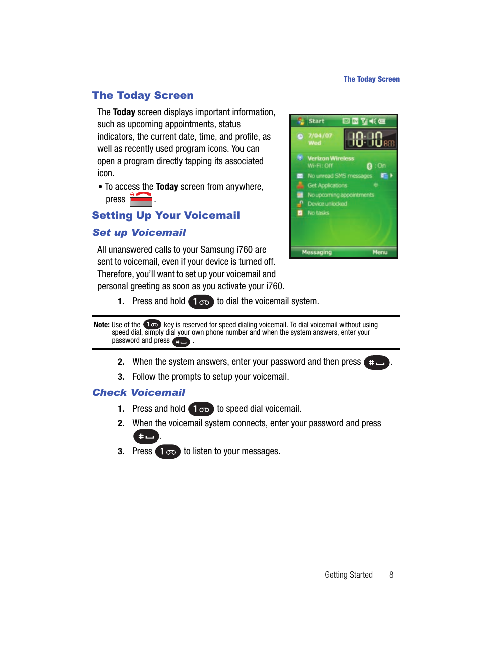 The today screen setting up your voicemail, The today screen, Setting up your voicemail | Samsung SCH-I760ZKAVZW User Manual | Page 11 / 191