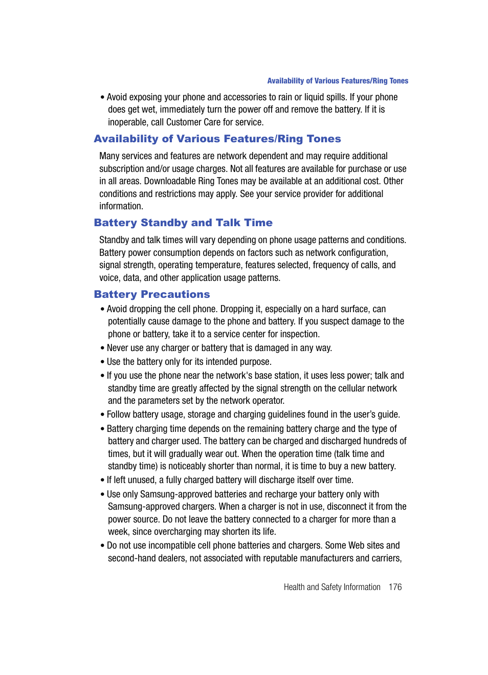 Availability of various features/ring tones, Battery standby and talk time, Battery precautions | Samsung SCH-I760ZKAVZW User Manual | Page 179 / 191