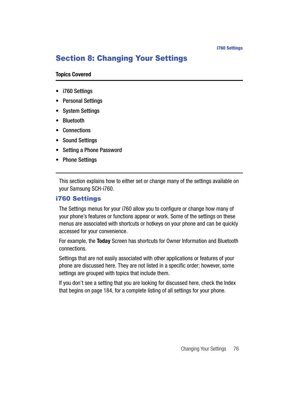 Section 8: changing your settings, I760 settings | Samsung SCH-I760ZKAVZW User Manual | Page 79 / 191