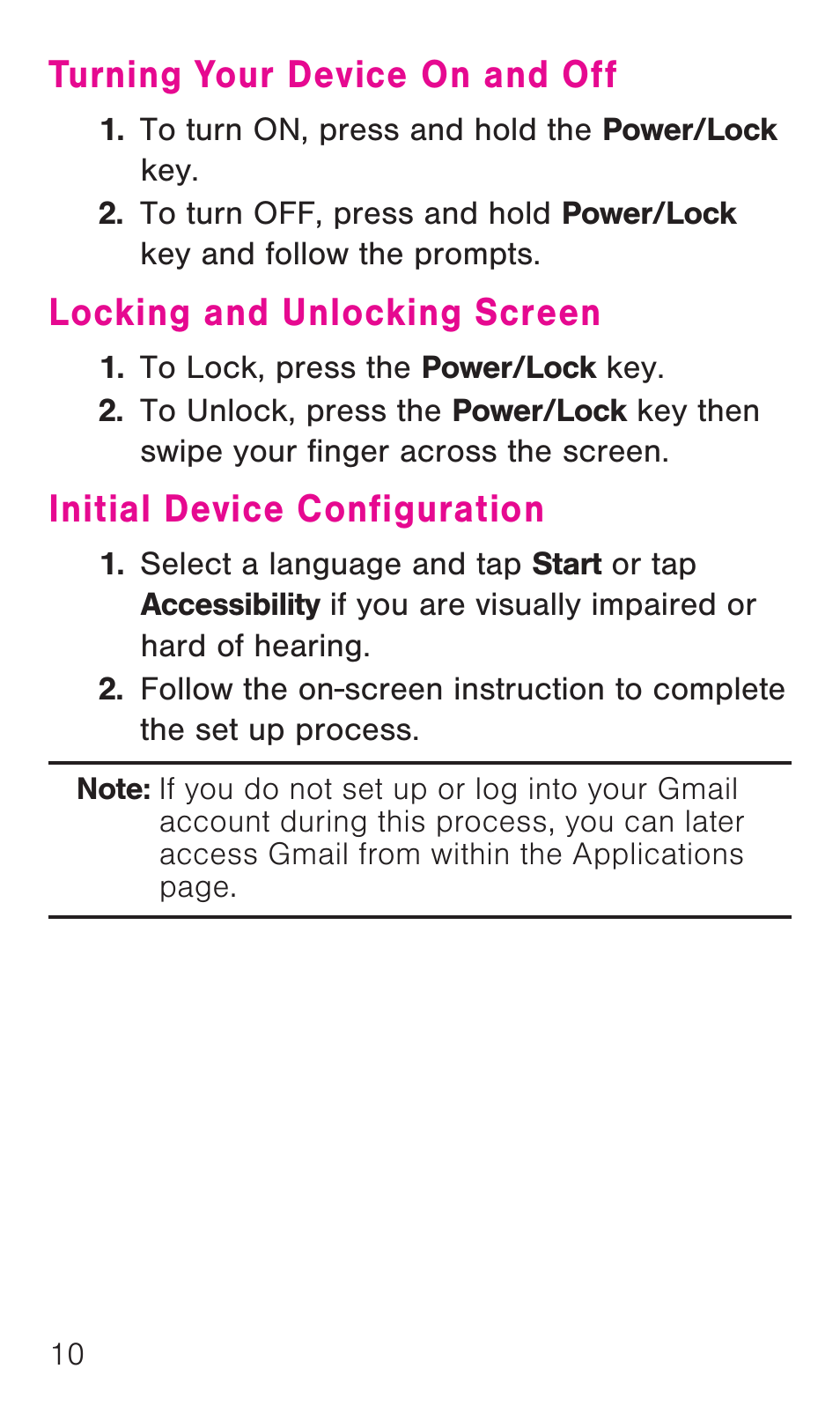 Turning your device on and off, Locking and unlocking screen, Initial device configuration | Samsung SM-G386TZKATMB User Manual | Page 11 / 36