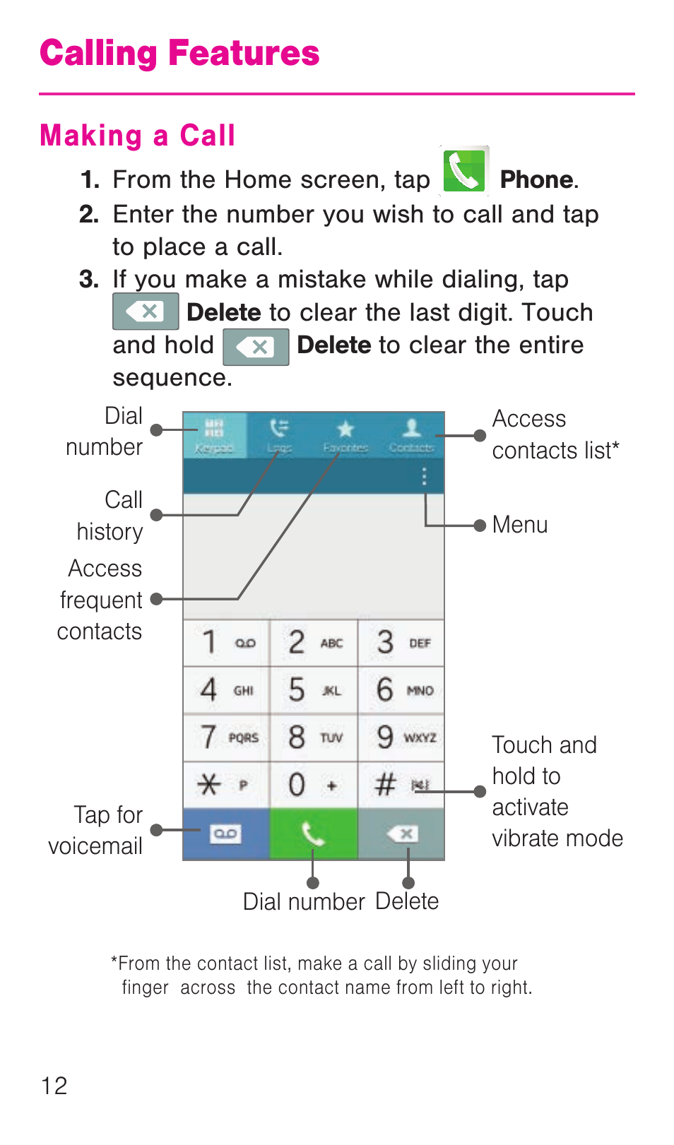 Calling features, Making a call | Samsung SM-G386TZKATMB User Manual | Page 13 / 36